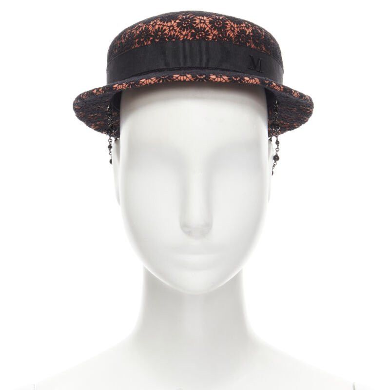Maison Michel MAISON MICHEL black floral lace orange felt black pearl chain fedora hat 52cm Size ONE SIZE - 3 Thumbnail