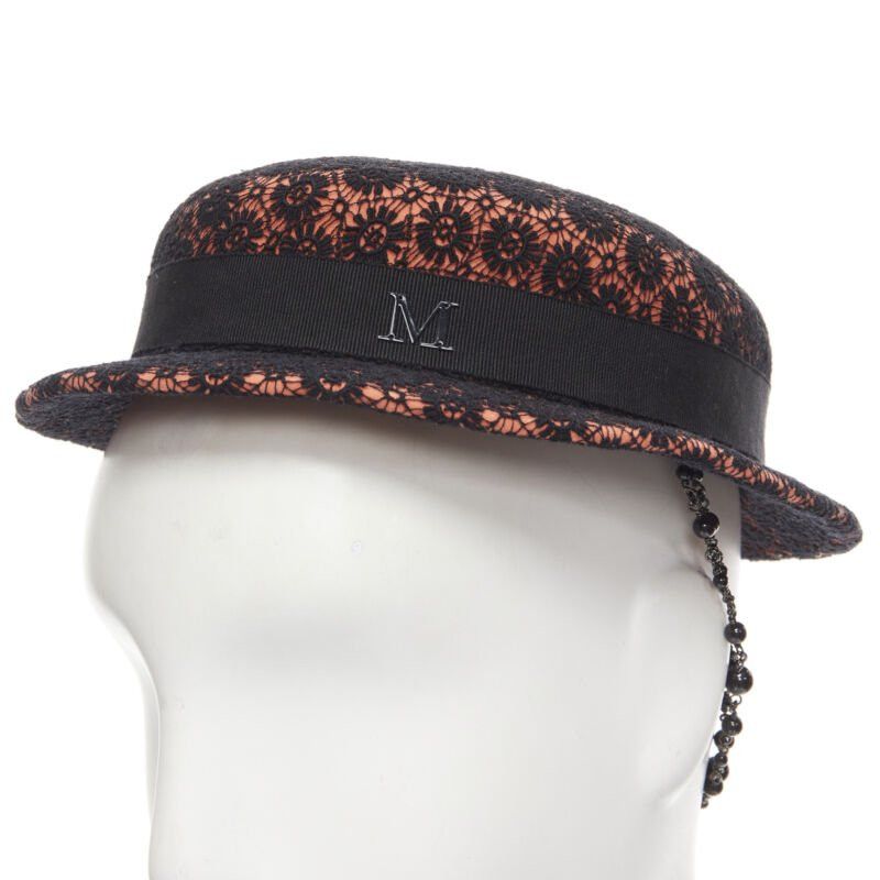 Maison Michel MAISON MICHEL black floral lace orange felt black pearl chain fedora hat 52cm Size ONE SIZE - 6 Thumbnail