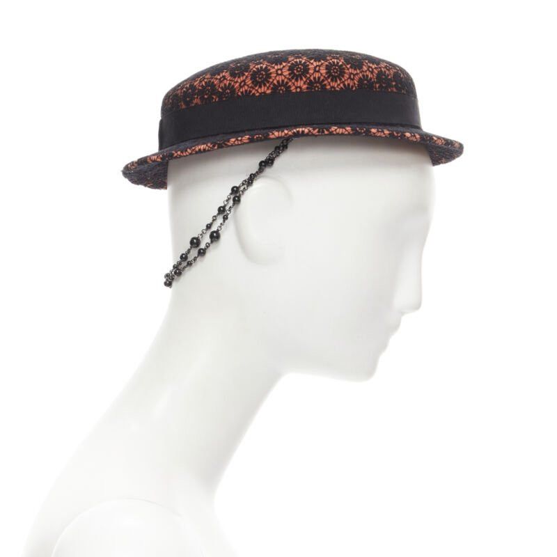 Maison Michel MAISON MICHEL black floral lace orange felt black pearl chain fedora hat 52cm Size ONE SIZE - 4 Thumbnail