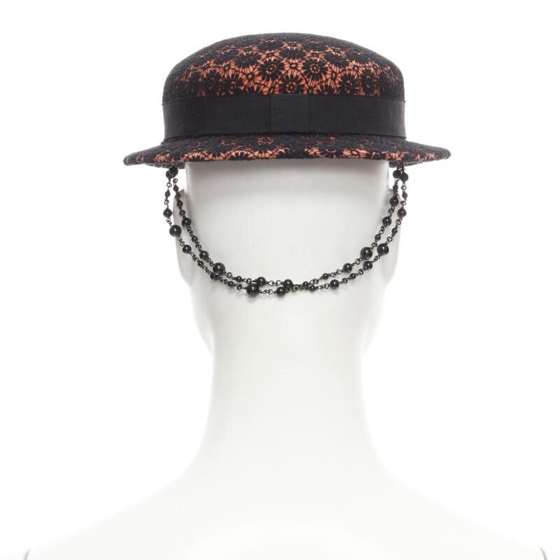 Maison Michel MAISON MICHEL black floral lace orange felt black pearl chain fedora hat 52cm Size ONE SIZE - 5 Thumbnail