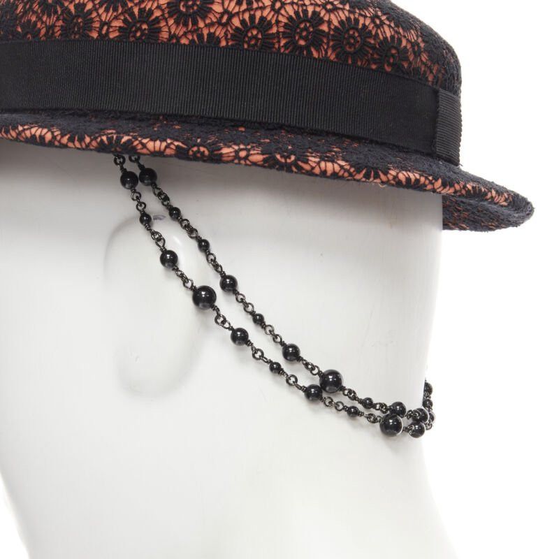 Maison Michel MAISON MICHEL black floral lace orange felt black pearl chain fedora hat 52cm Size ONE SIZE - 2 Thumbnail