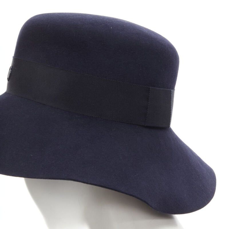 Maison Michel new MAISON MICHEL navy blue black grosgrain M logo detail fedora hat S 56cm Size ONE SIZE - 6 Thumbnail
