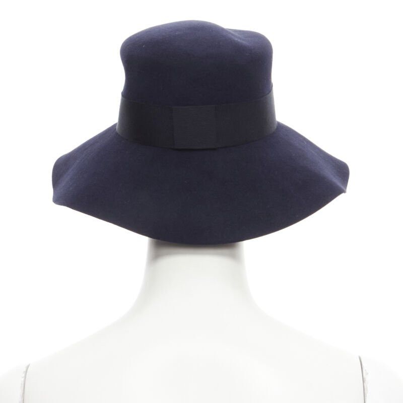 Maison Michel new MAISON MICHEL navy blue black grosgrain M logo detail fedora hat S 56cm Size ONE SIZE - 5 Thumbnail