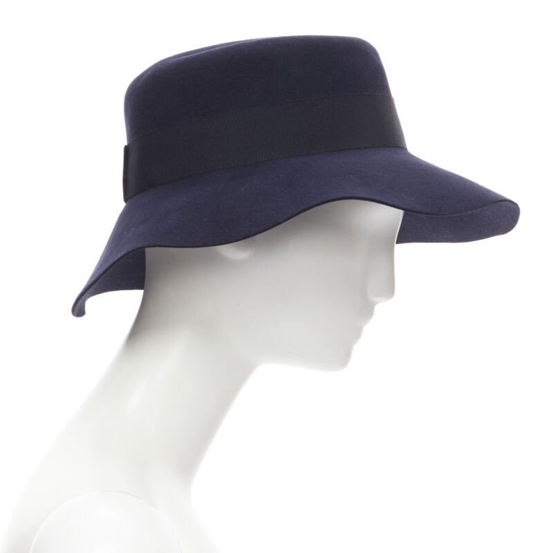 Maison Michel new MAISON MICHEL navy blue black grosgrain M logo detail fedora hat S 56cm Size ONE SIZE - 4 Thumbnail