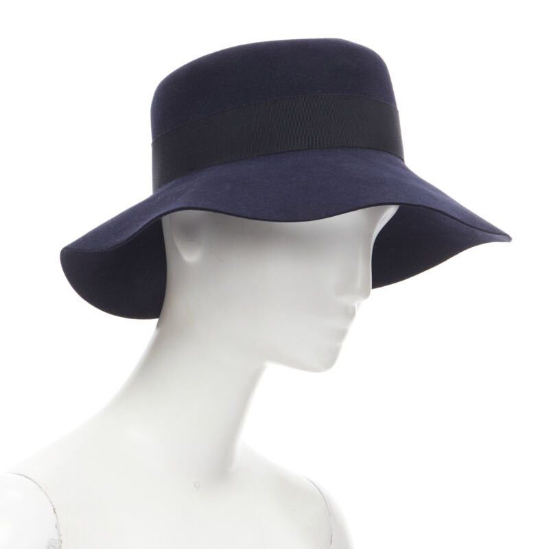 Maison Michel new MAISON MICHEL navy blue black grosgrain M logo detail fedora hat S 56cm Size ONE SIZE - 3 Thumbnail