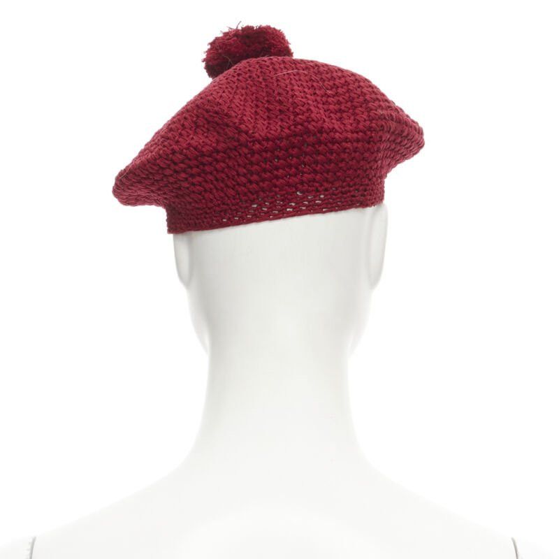 Gucci new GUCCI Michele 100% cotton burgundy red pom pom knit beret hat M 57cm Size ONE SIZE - 5 Thumbnail