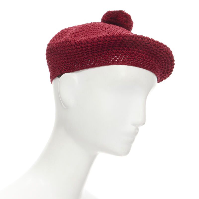 Gucci new GUCCI Michele 100% cotton burgundy red pom pom knit beret hat M 57cm Size ONE SIZE - 3 Thumbnail
