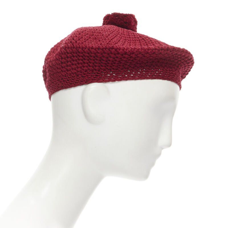Gucci new GUCCI Michele 100% cotton burgundy red pom pom knit beret hat M 57cm Size ONE SIZE - 4 Thumbnail