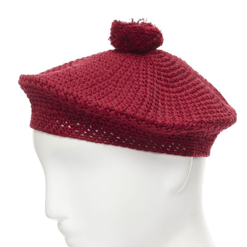 Gucci new GUCCI Michele 100% cotton burgundy red pom pom knit beret hat M 57cm Size ONE SIZE - 2 Thumbnail