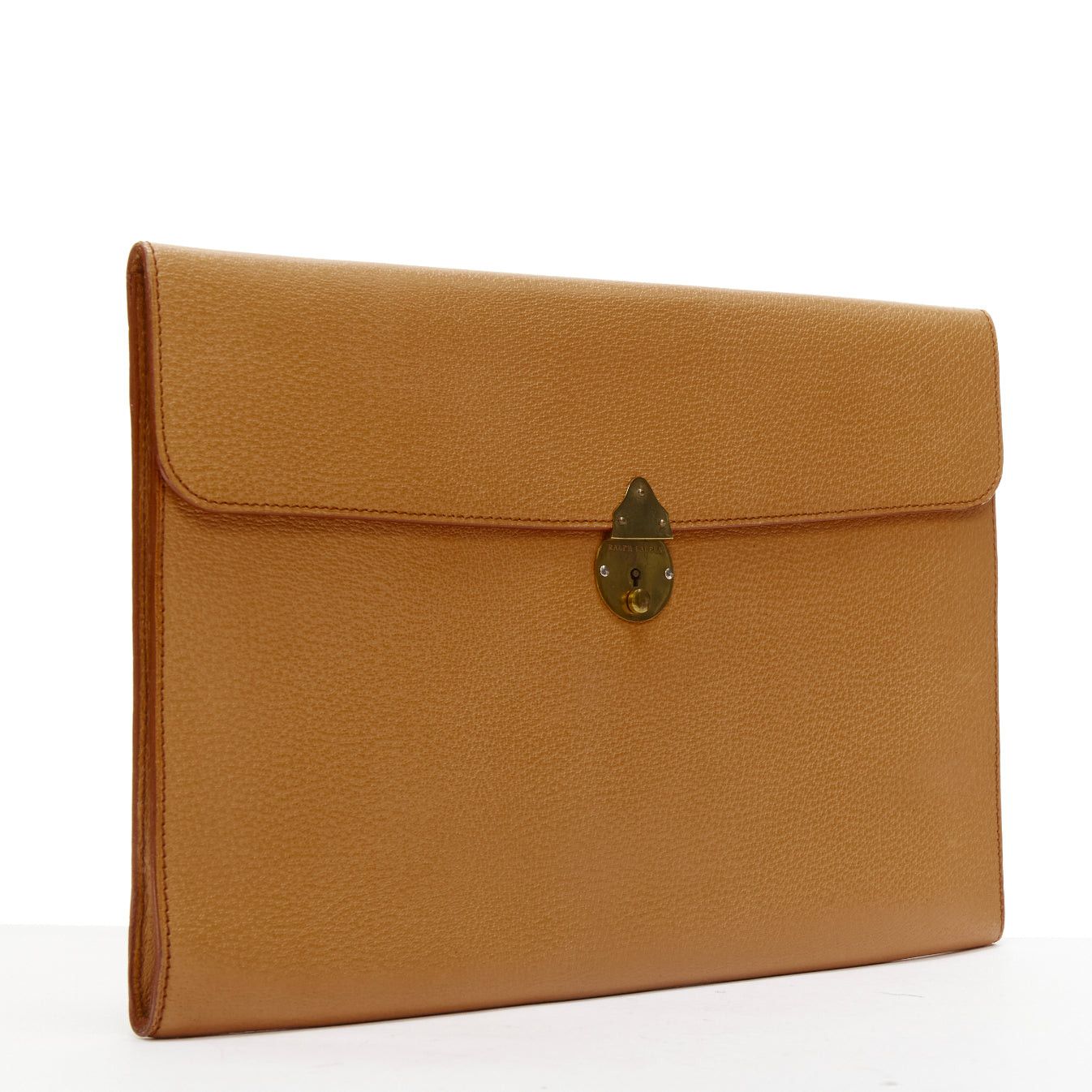Ralph Lauren RALPH LAUREN tan textured leather gold logo push lock flap flat clutch bag Size ONE SIZE - 3 Thumbnail