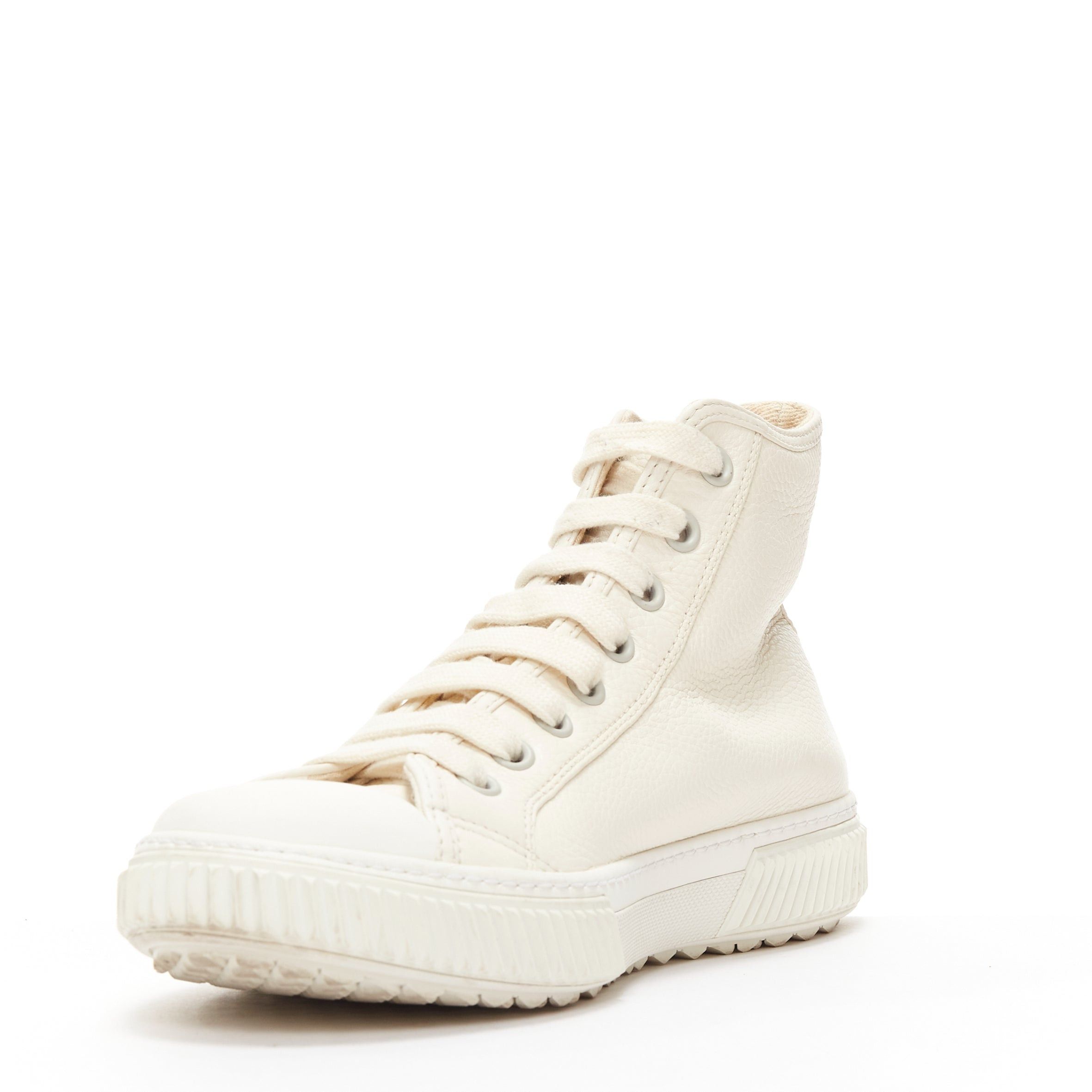 Prada PRADA white textured leather black triangle logo high top sneakers UK7 EU40 Size US 8 / EU 41 - 5 Thumbnail