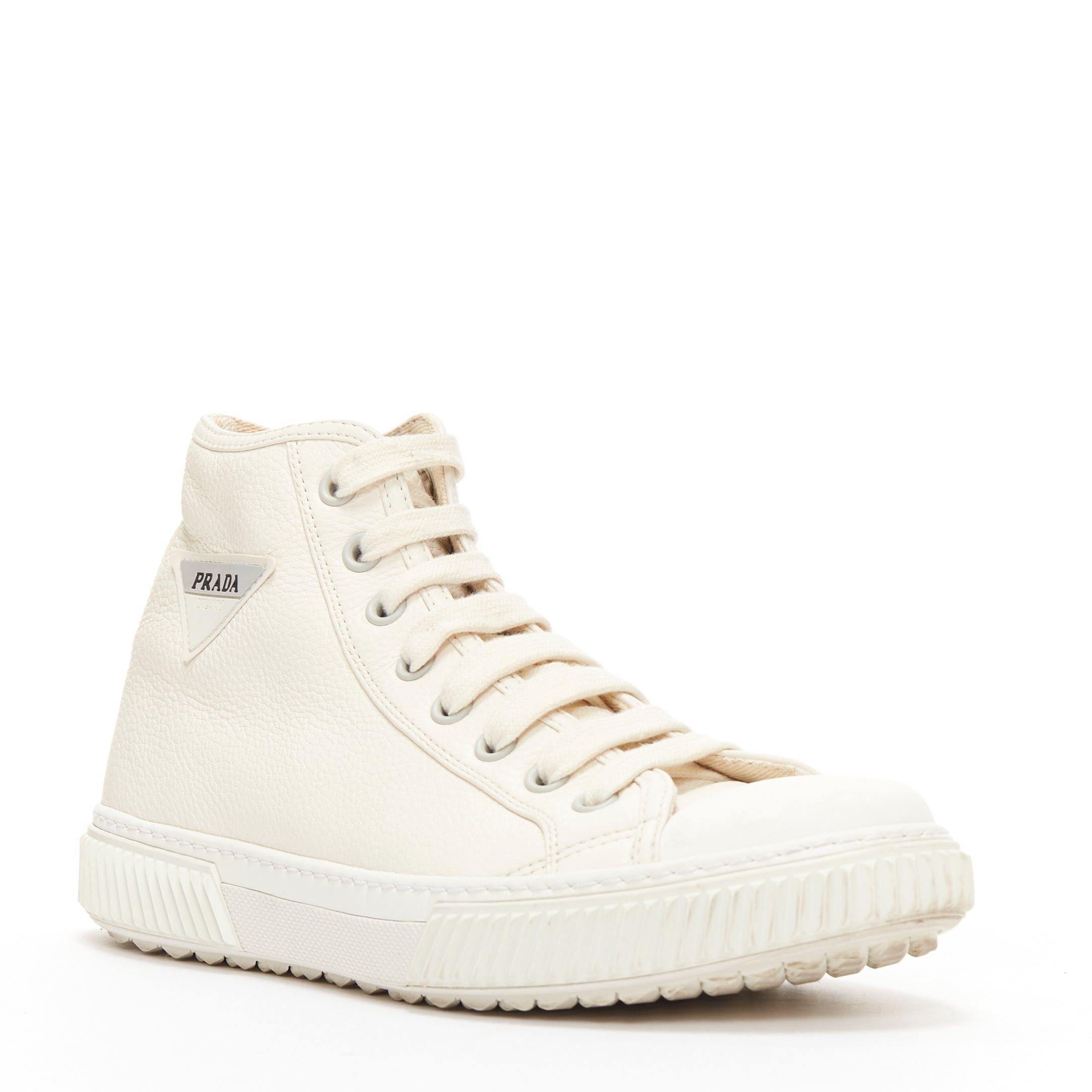 Prada PRADA white textured leather black triangle logo high top sneakers UK7 EU40 Size US 8 / EU 41 - 3 Thumbnail
