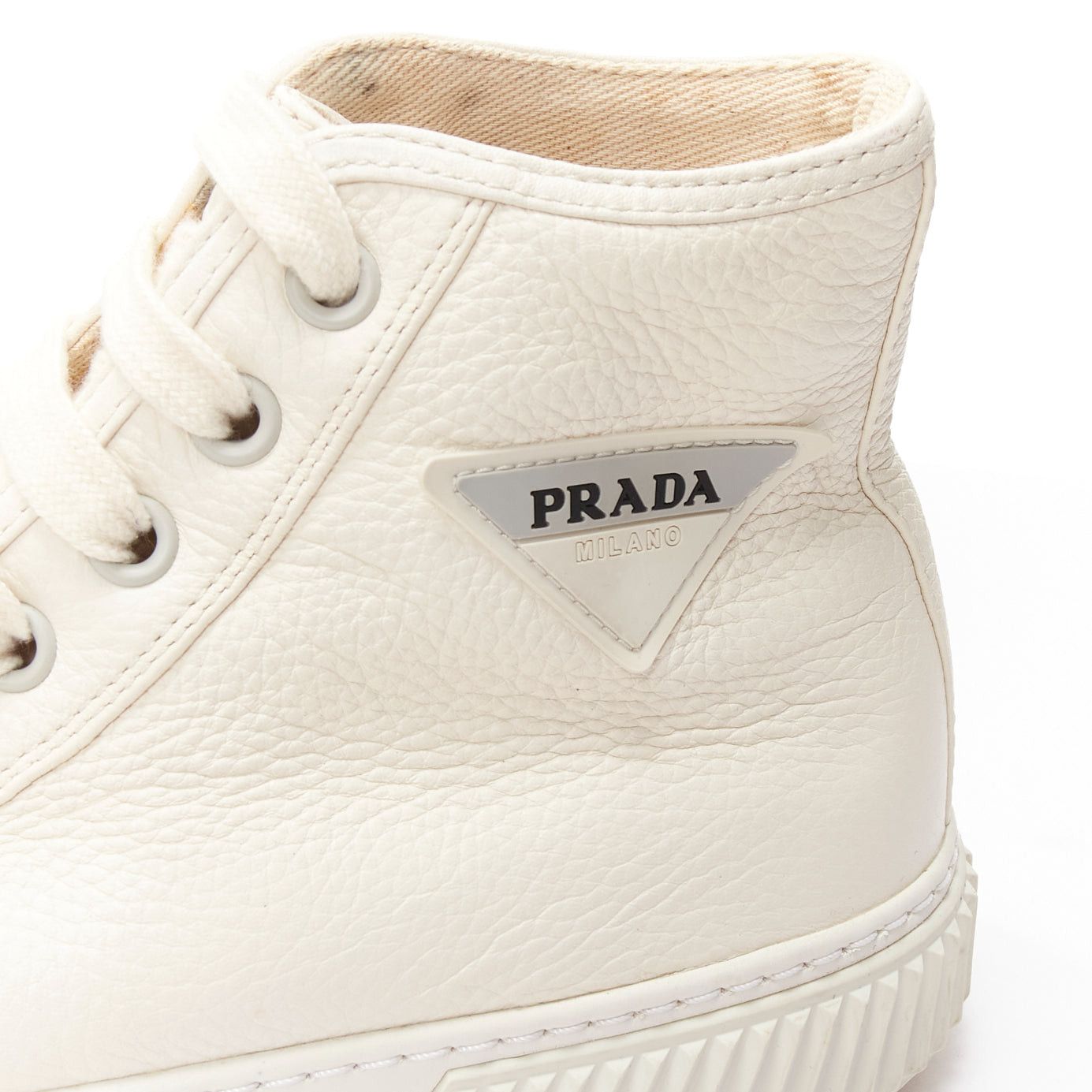 Prada PRADA white textured leather black triangle logo high top sneakers UK7 EU40 Size US 8 / EU 41 - 2 Thumbnail