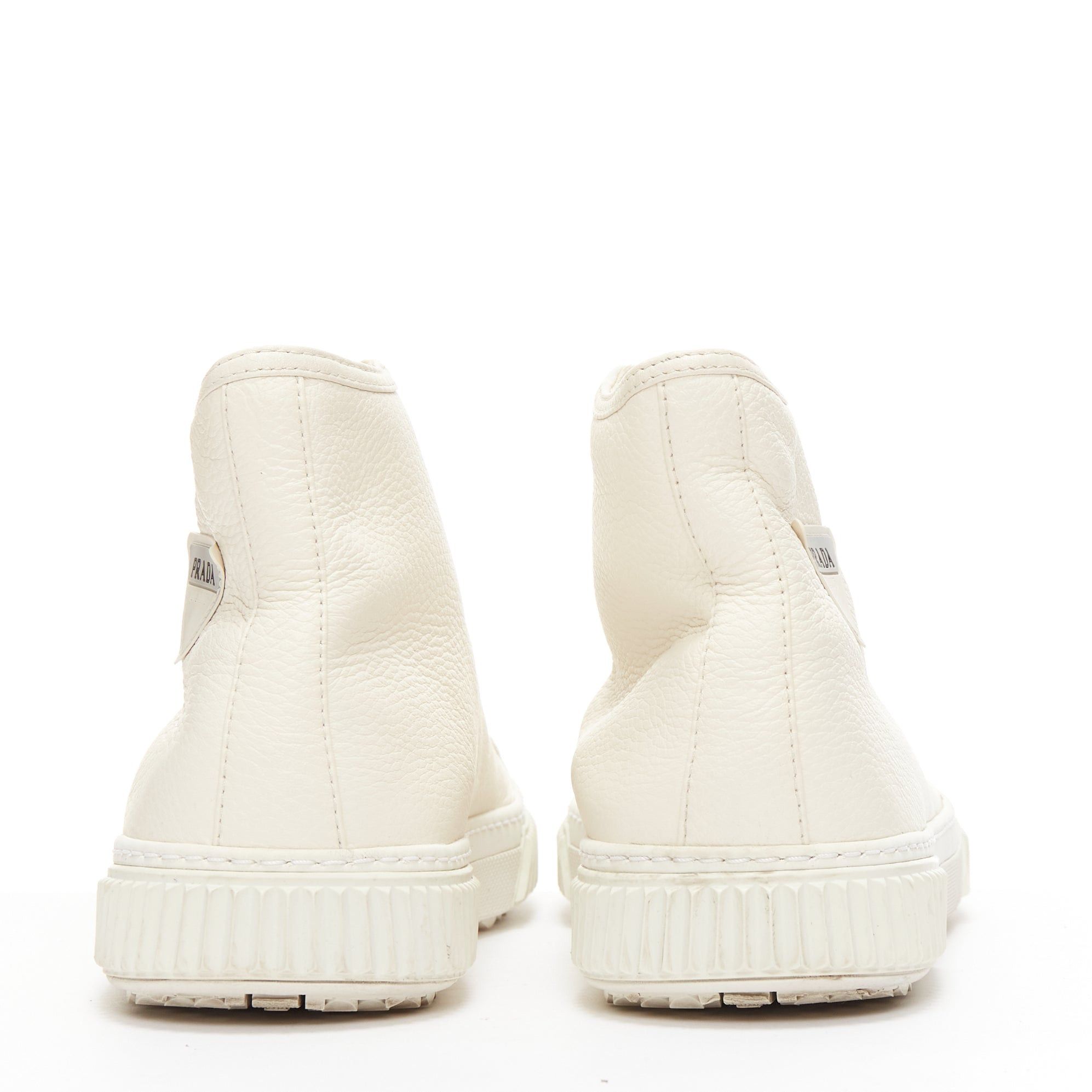 Prada PRADA white textured leather black triangle logo high top sneakers UK7 EU40 Size US 8 / EU 41 - 6 Thumbnail