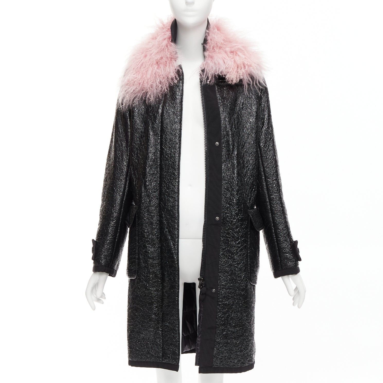 Moncler MONCLER pink tibet lamb fur black patent cotton virgin wool blend coat Sz1 M Size S / US 4 / IT 40 - 3 Thumbnail