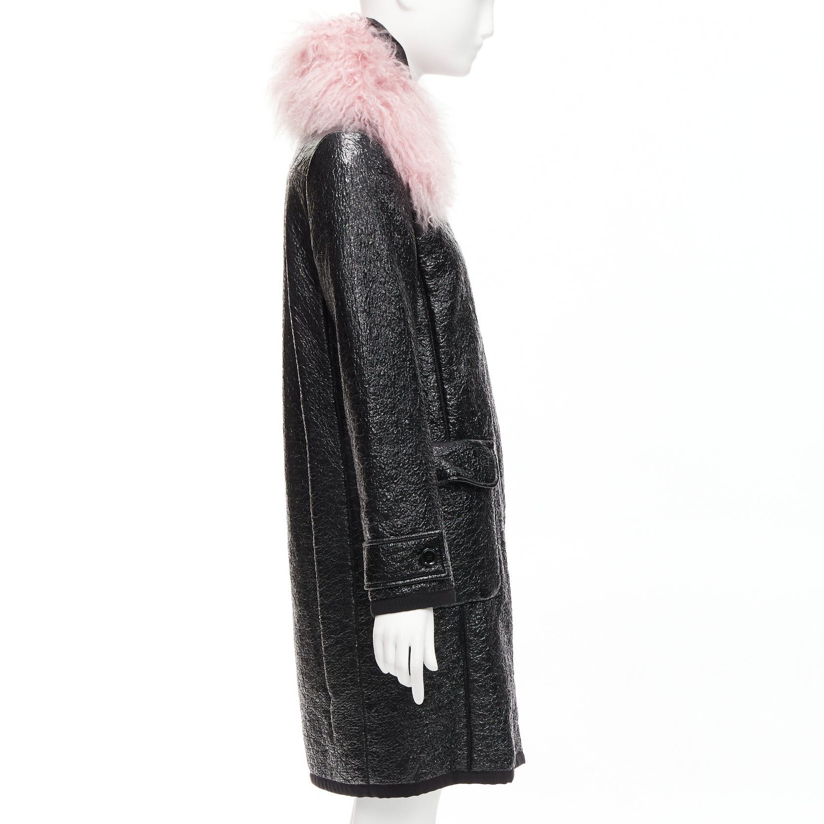 Moncler MONCLER pink tibet lamb fur black patent cotton virgin wool blend coat Sz1 M Size S / US 4 / IT 40 - 5 Thumbnail
