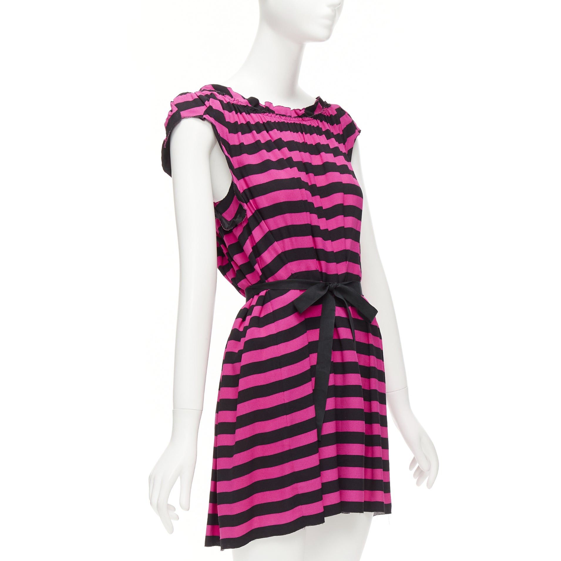 Prada PRADA black hot pink striped pleated drop neck ribbon belt mini dress IT38 XS Size XS / US 0-2 / IT 36-38 - 3 Thumbnail