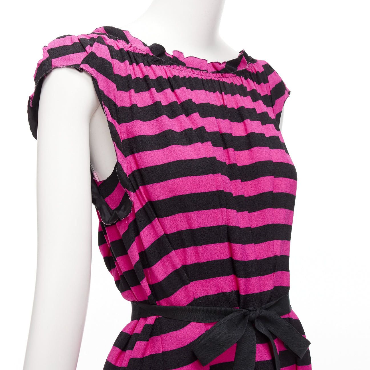 Prada PRADA black hot pink striped pleated drop neck ribbon belt mini dress IT38 XS Size XS / US 0-2 / IT 36-38 - 2 Thumbnail
