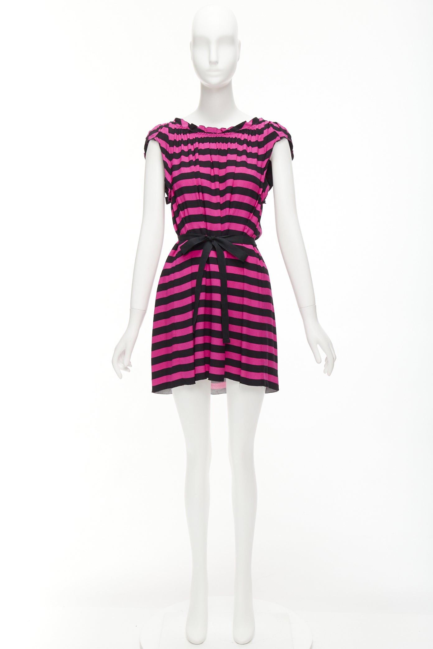 Prada PRADA black hot pink striped pleated drop neck ribbon belt mini dress IT38 XS Size XS / US 0-2 / IT 36-38 - 9 Thumbnail