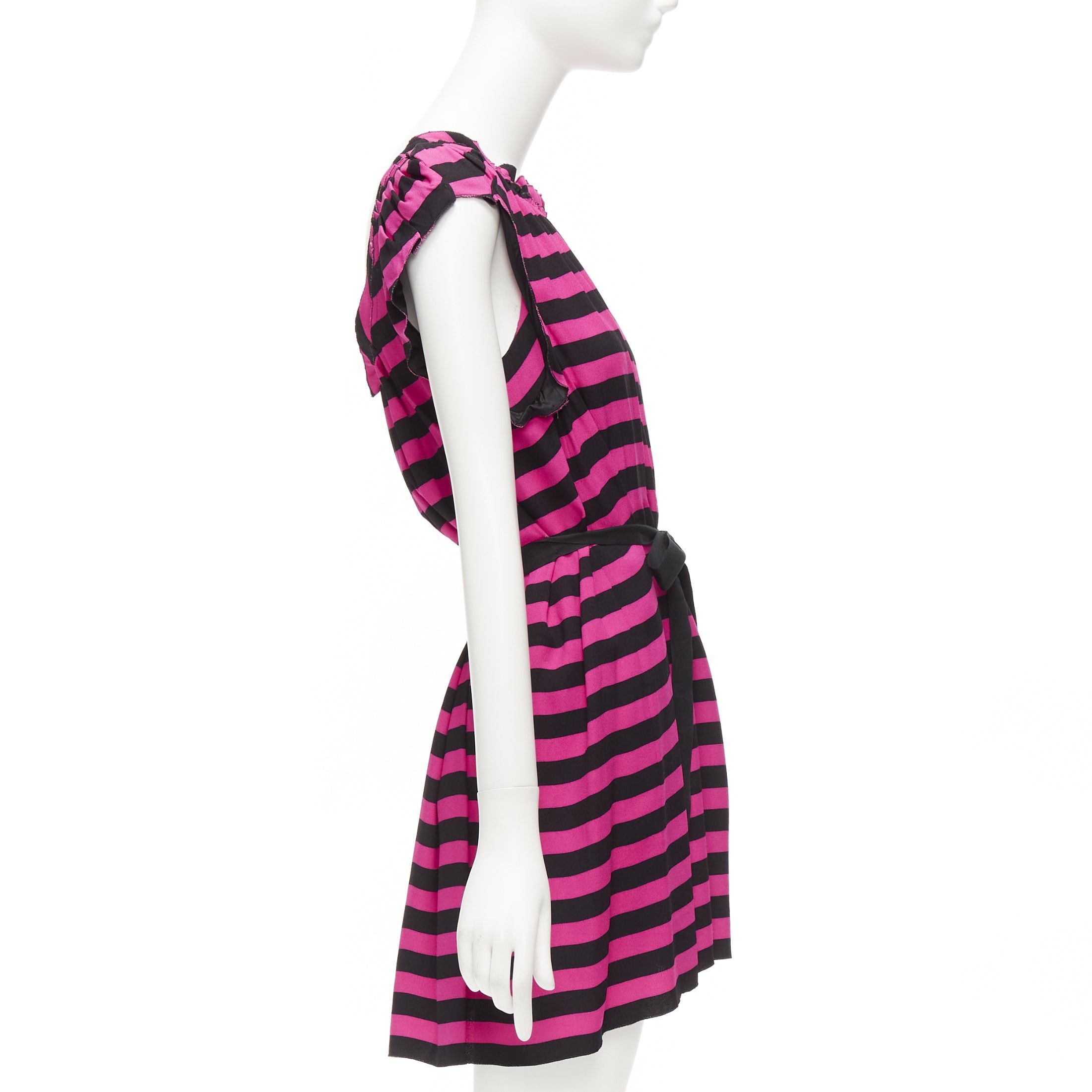 Prada PRADA black hot pink striped pleated drop neck ribbon belt mini dress IT38 XS Size XS / US 0-2 / IT 36-38 - 4 Thumbnail