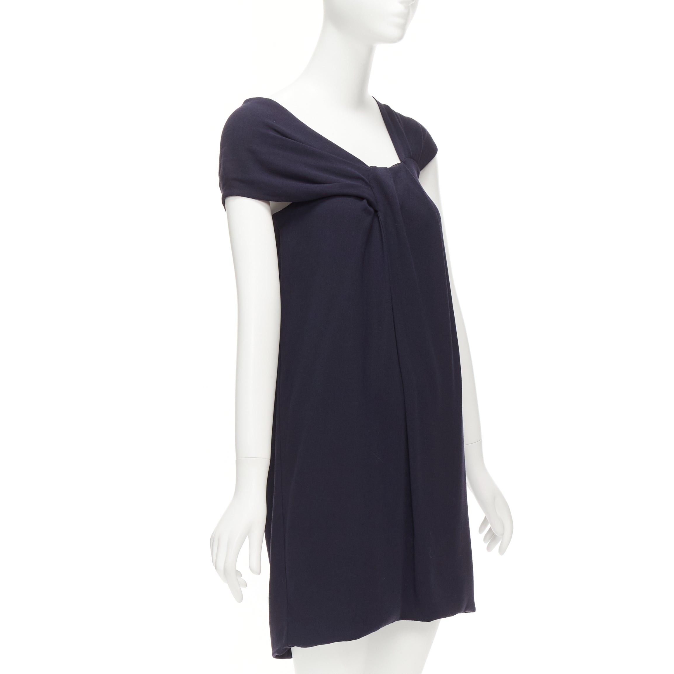 Fendi FENDI navy viscose wool asymmetric pleated collar silk lined mini dress IT38 XS Size XS / US 0-2 / IT 36-38 - 3 Thumbnail