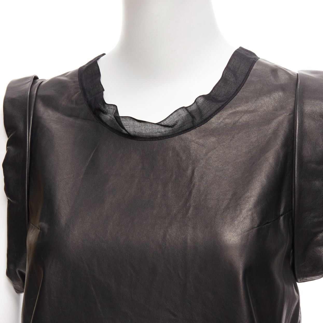 3.1 Phillip Lim 3.1 PHILLIP LIM black leather sheer silk trim folded sleeves tunic top US2 S Size S / US 4 / IT 40 - 2 Thumbnail