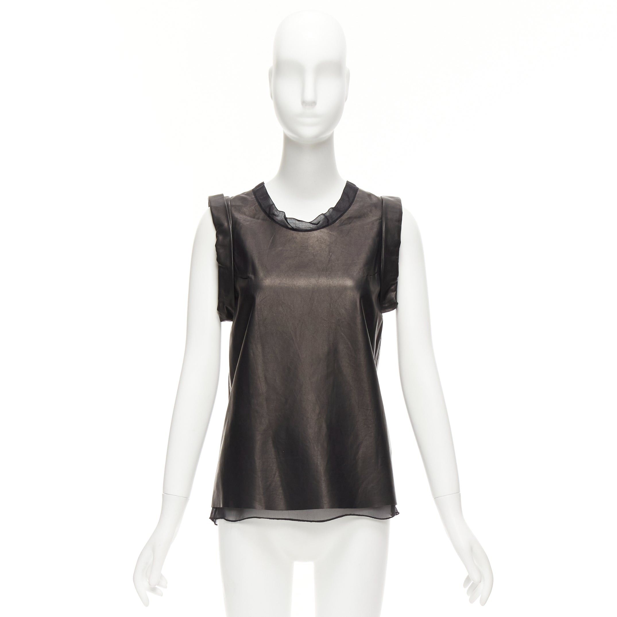 3.1 Phillip Lim 3.1 PHILLIP LIM black leather sheer silk trim folded sleeves tunic top US2 S Size S / US 4 / IT 40 - 9 Thumbnail