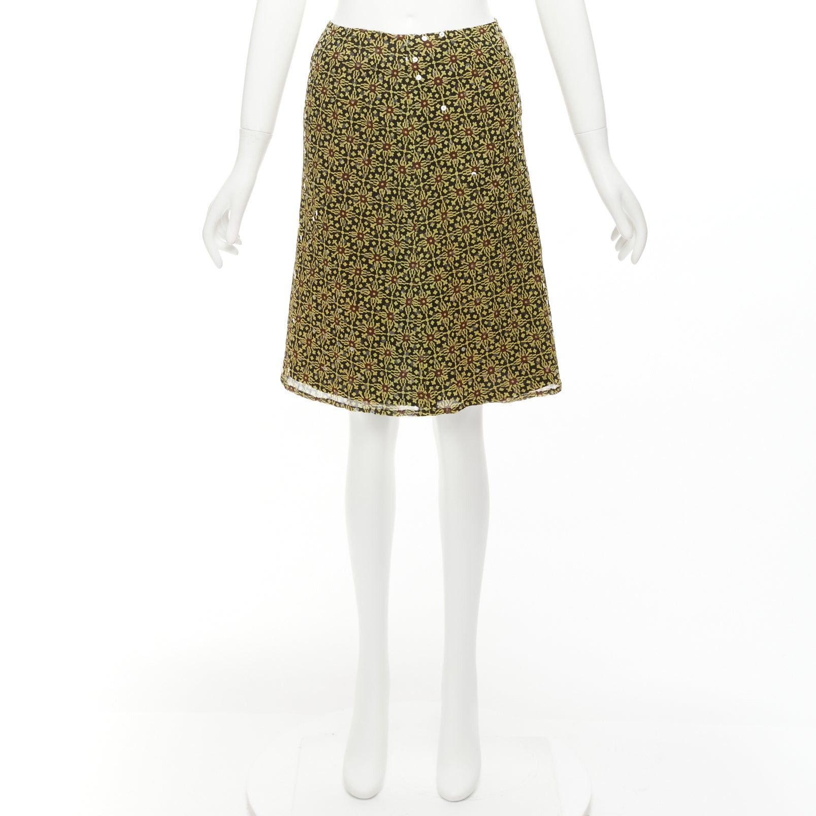 Versus VERSUS Vintage 100% silk yellow black sequins mid rise knee skirt 26" Size 27" / US 4 / IT 40 - 9 Thumbnail