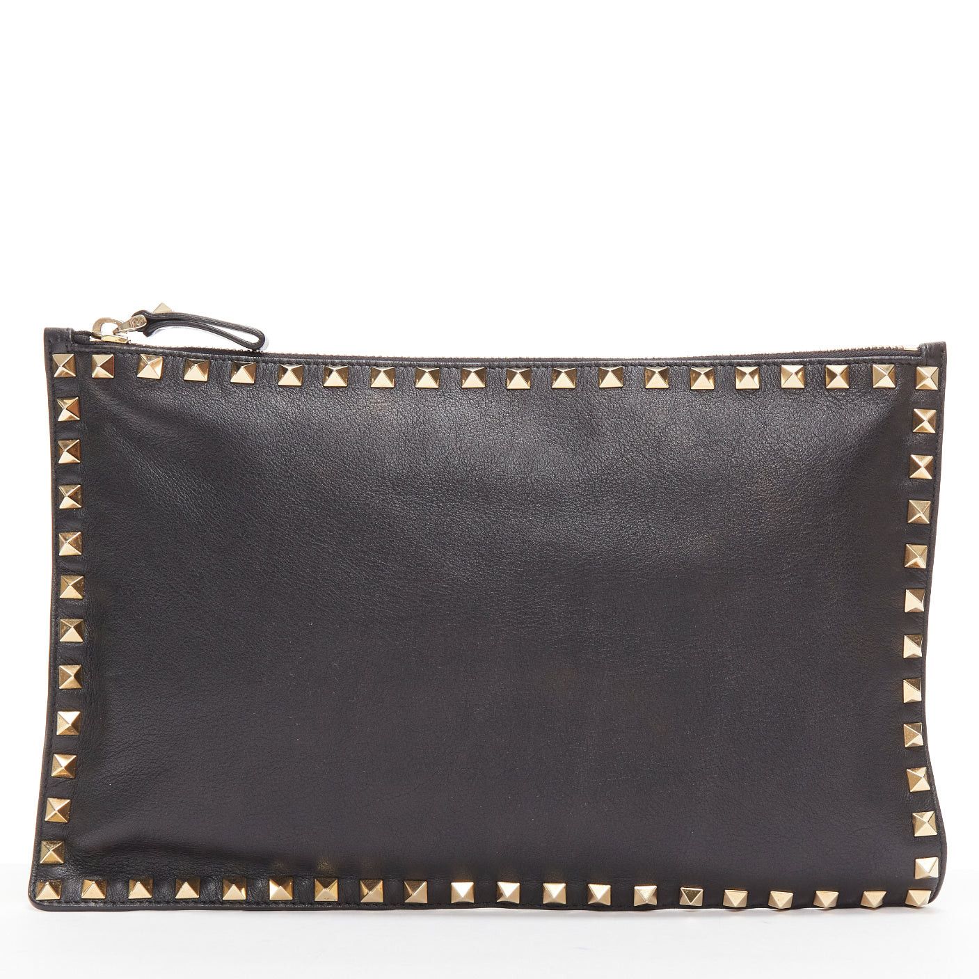 Valentino VALENTINO Rockstud black gold round studs logo triangle flat clutch bag Size ONE SIZE - 4 Thumbnail