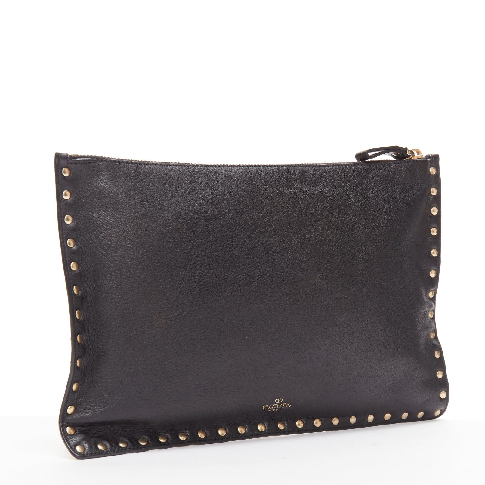 Valentino VALENTINO Rockstud black gold round studs logo triangle flat clutch bag Size ONE SIZE - 3 Thumbnail