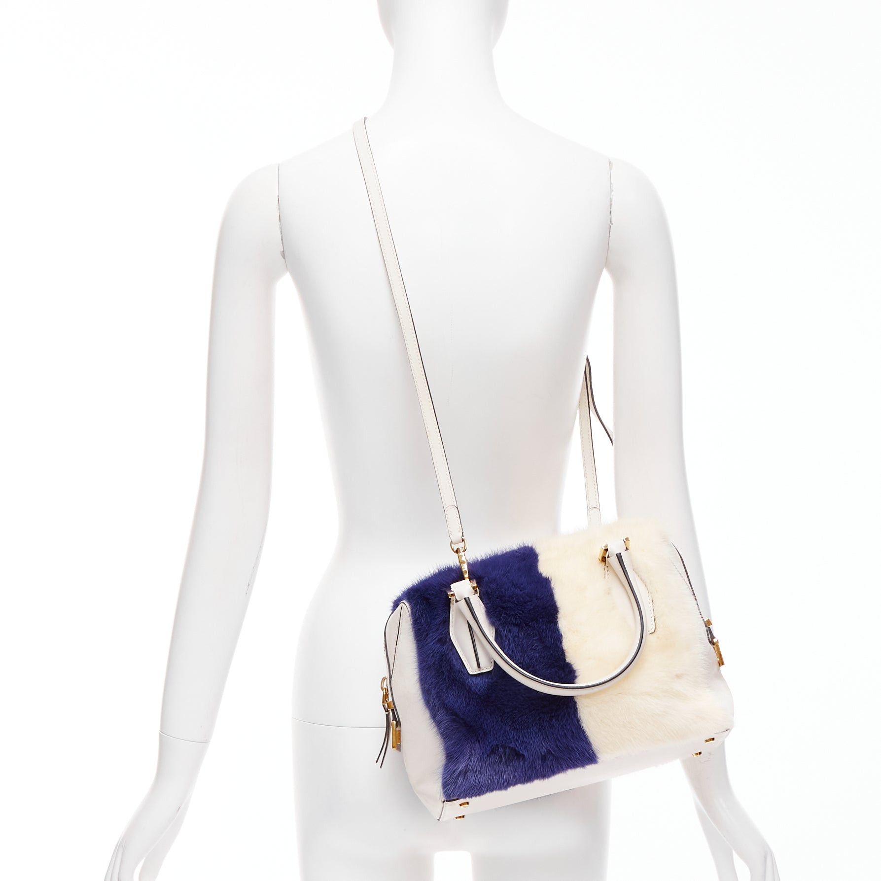 Tod's TOD'S D Cube Bauletto cream blue fur white leather GHW bowler bag Size ONE SIZE - 2 Thumbnail