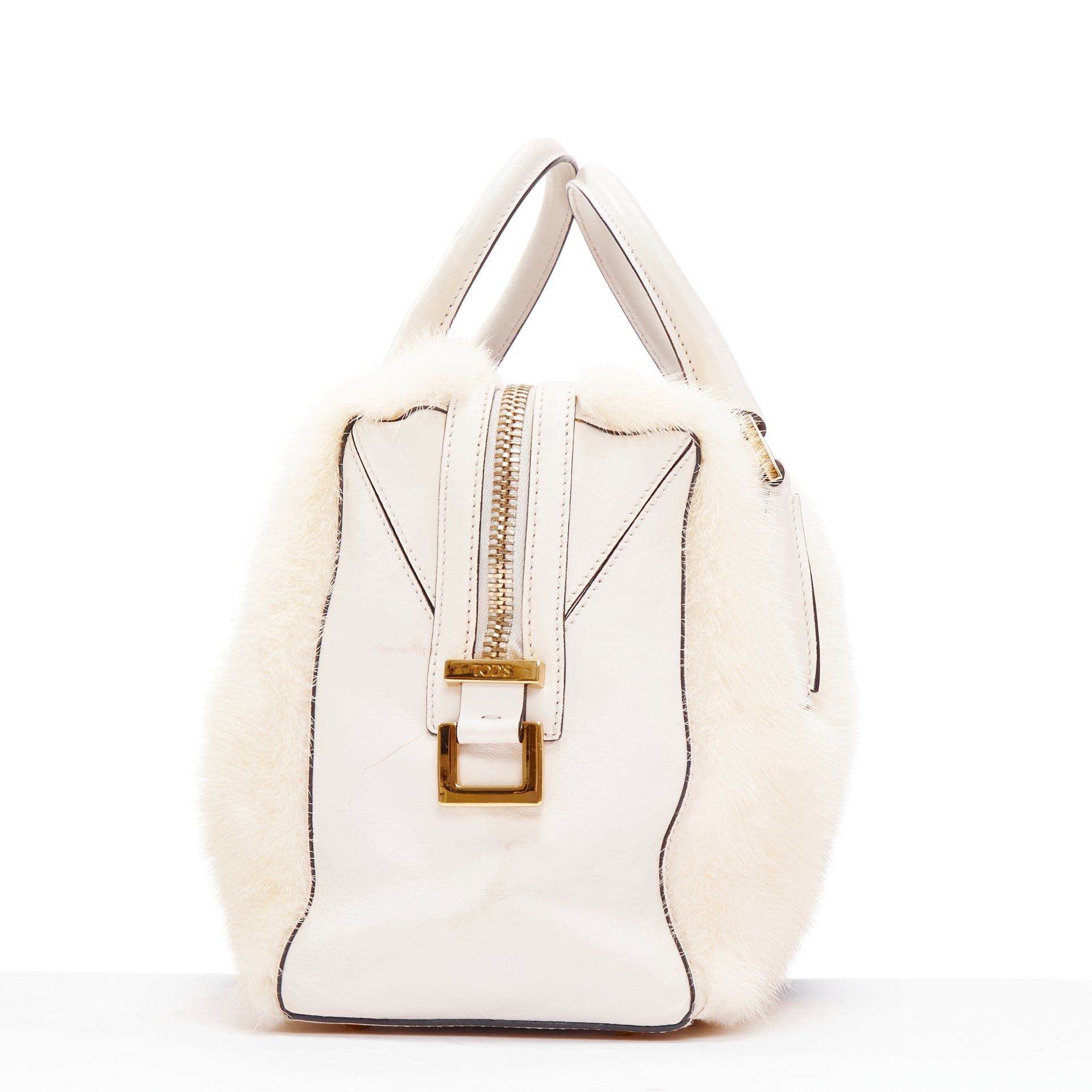 Tod's TOD'S D Cube Bauletto cream blue fur white leather GHW bowler bag Size ONE SIZE - 4 Thumbnail