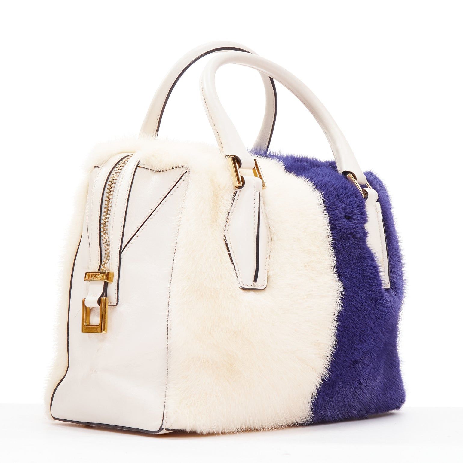 Tod's TOD'S D Cube Bauletto cream blue fur white leather GHW bowler bag Size ONE SIZE - 3 Thumbnail