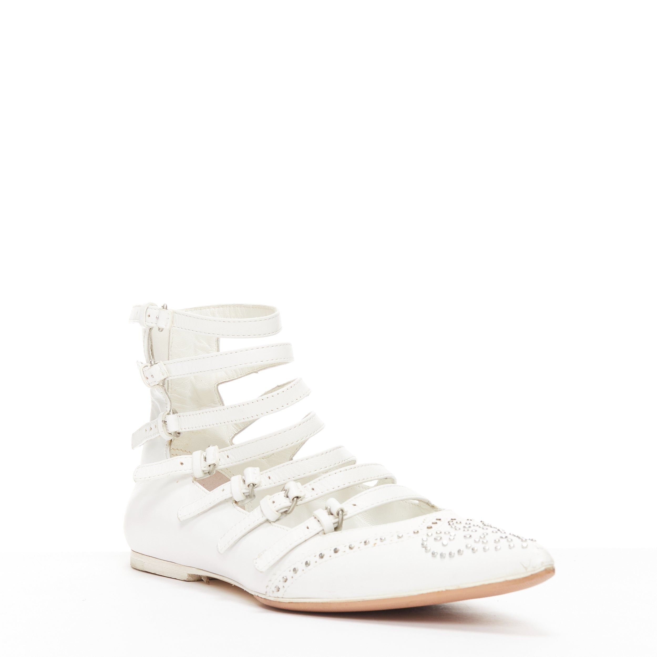 Veronique Branquinho VERONIQUE BRANQUINHO white leather silver studded wingtip strappy flats EU37.5 Size US 7.5 / IT 37.5 - 2 Thumbnail