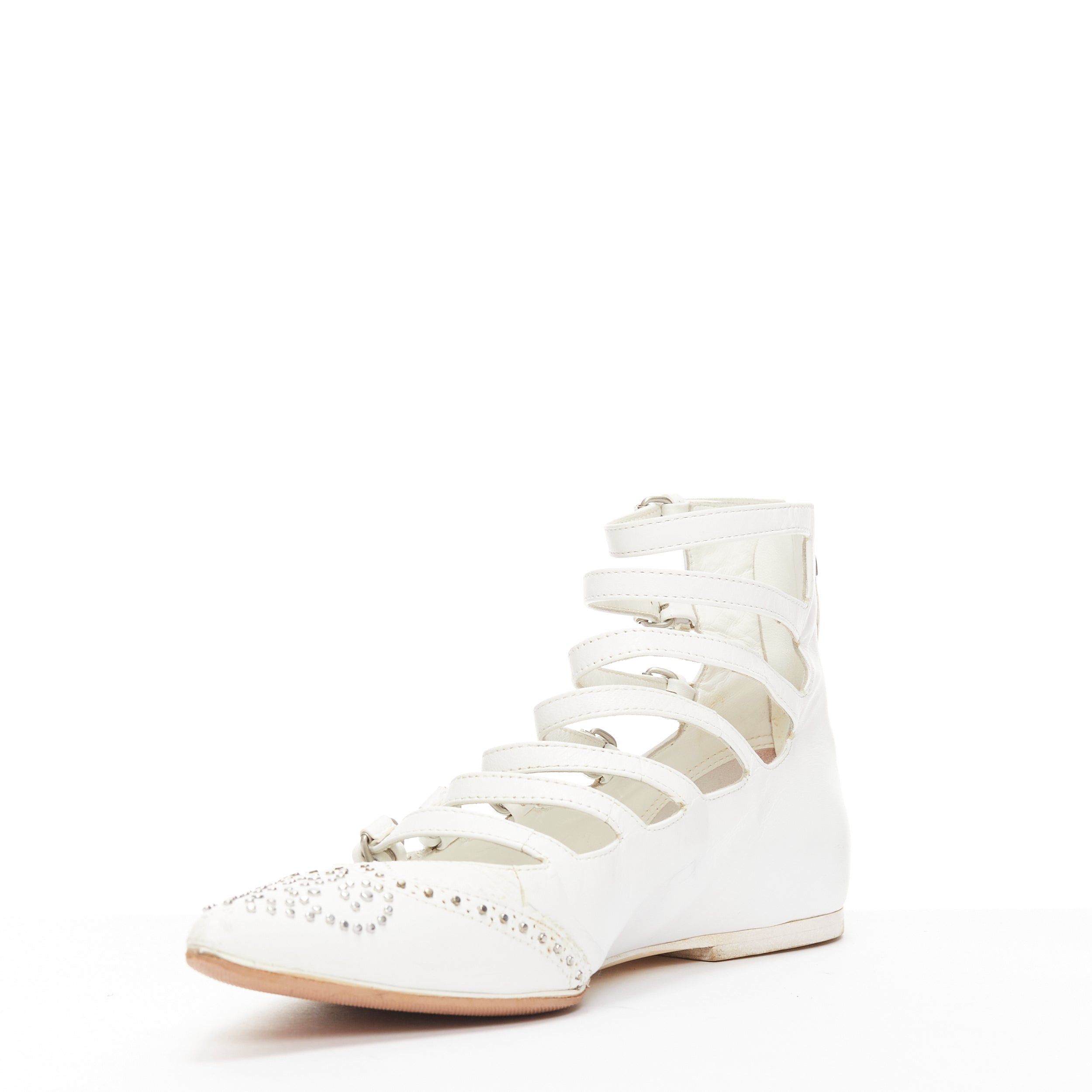 Veronique Branquinho VERONIQUE BRANQUINHO white leather silver studded wingtip strappy flats EU37.5 Size US 7.5 / IT 37.5 - 4 Thumbnail