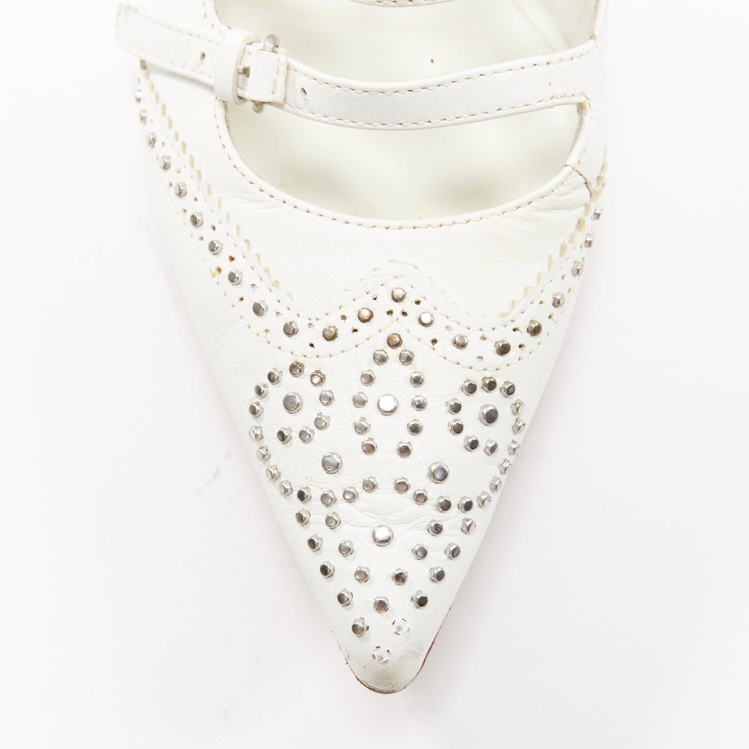 Veronique Branquinho VERONIQUE BRANQUINHO white leather silver studded wingtip strappy flats EU37.5 Size US 7.5 / IT 37.5 - 6 Thumbnail