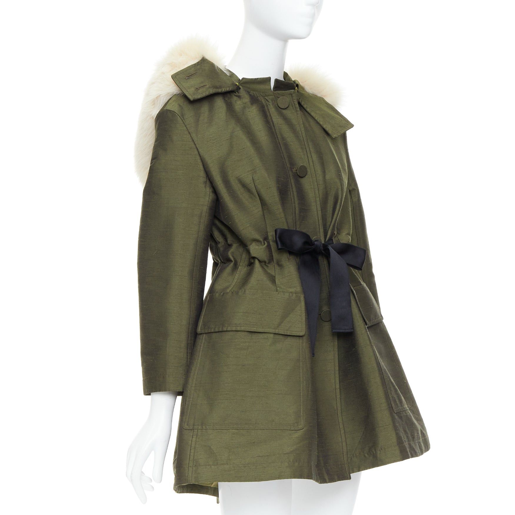 Dior DIOR military green pocketed cream fur hood belted anorak coat FR34 XS Size XS / US 0-2 / IT 36-38 - 4 Thumbnail