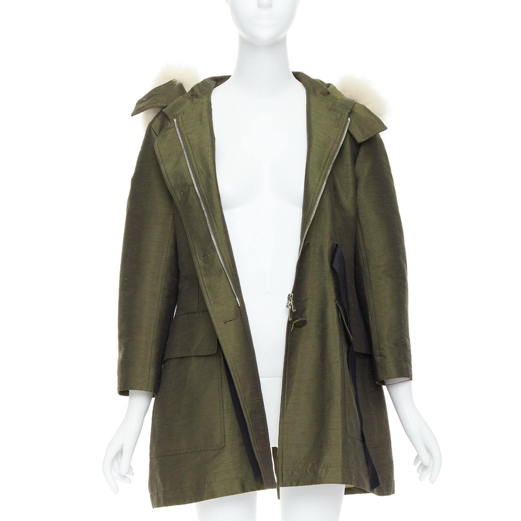 Dior DIOR military green pocketed cream fur hood belted anorak coat FR34 XS Size XS / US 0-2 / IT 36-38 - 3 Thumbnail