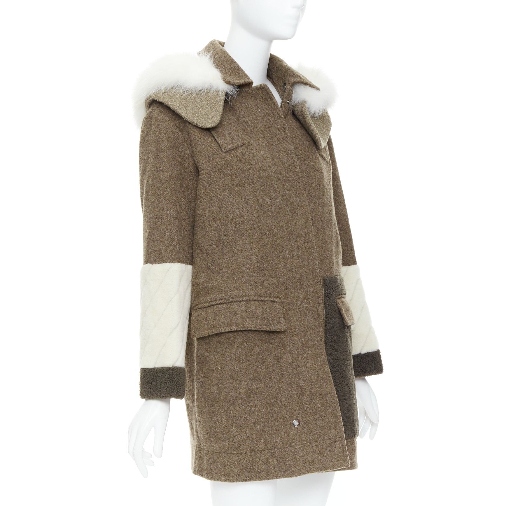Fendi FENDI colorblocked brown wool patchwork fur hooded parka coat IT38 XS Size XS / US 0-2 / IT 36-38 - 4 Thumbnail