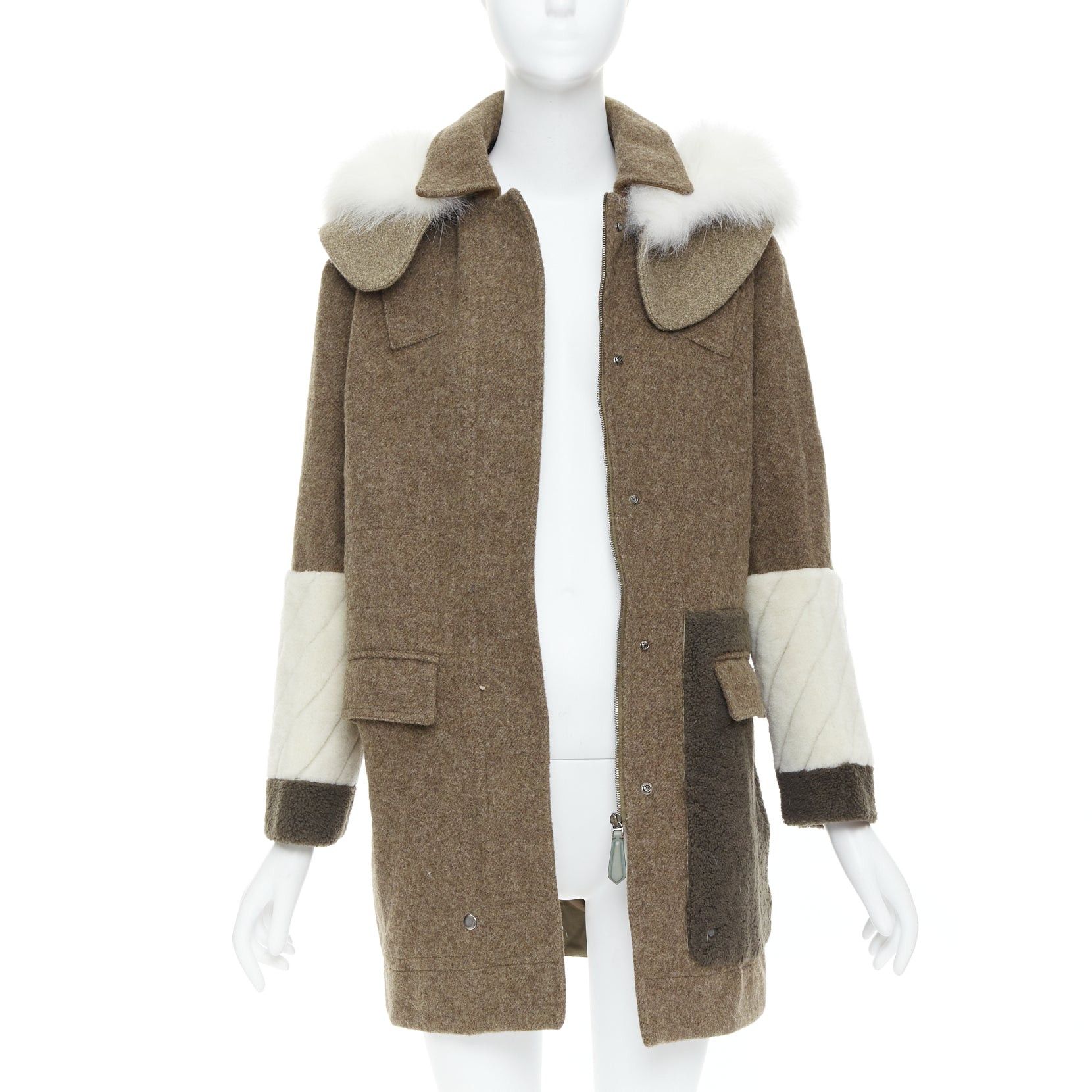 Fendi FENDI colorblocked brown wool patchwork fur hooded parka coat IT38 XS Size XS / US 0-2 / IT 36-38 - 3 Thumbnail