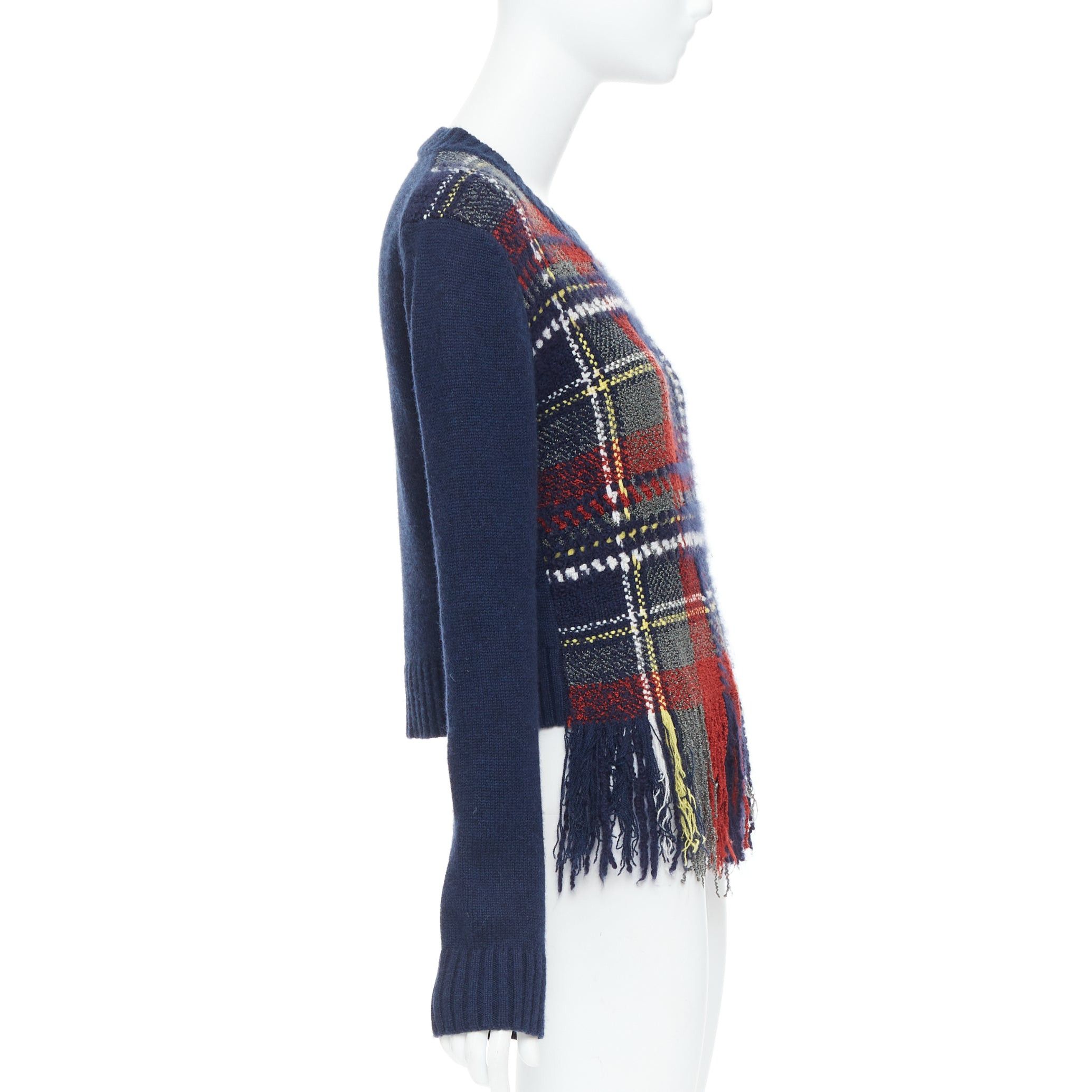 Dior DIOR navy red plaid tartan cashmere silk fringe hem sweater FR36 S Size S / US 4 / IT 40 - 4 Thumbnail