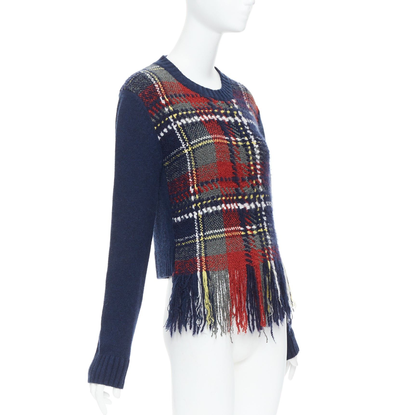 Dior DIOR navy red plaid tartan cashmere silk fringe hem sweater FR36 S Size S / US 4 / IT 40 - 3 Thumbnail