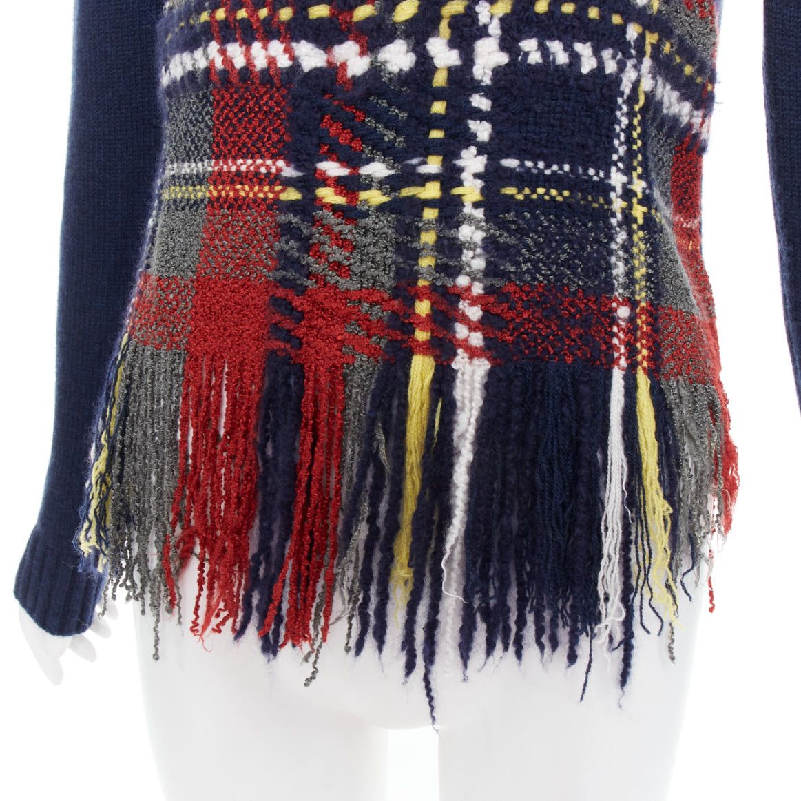 Dior DIOR navy red plaid tartan cashmere silk fringe hem sweater FR36 S Size S / US 4 / IT 40 - 2 Thumbnail