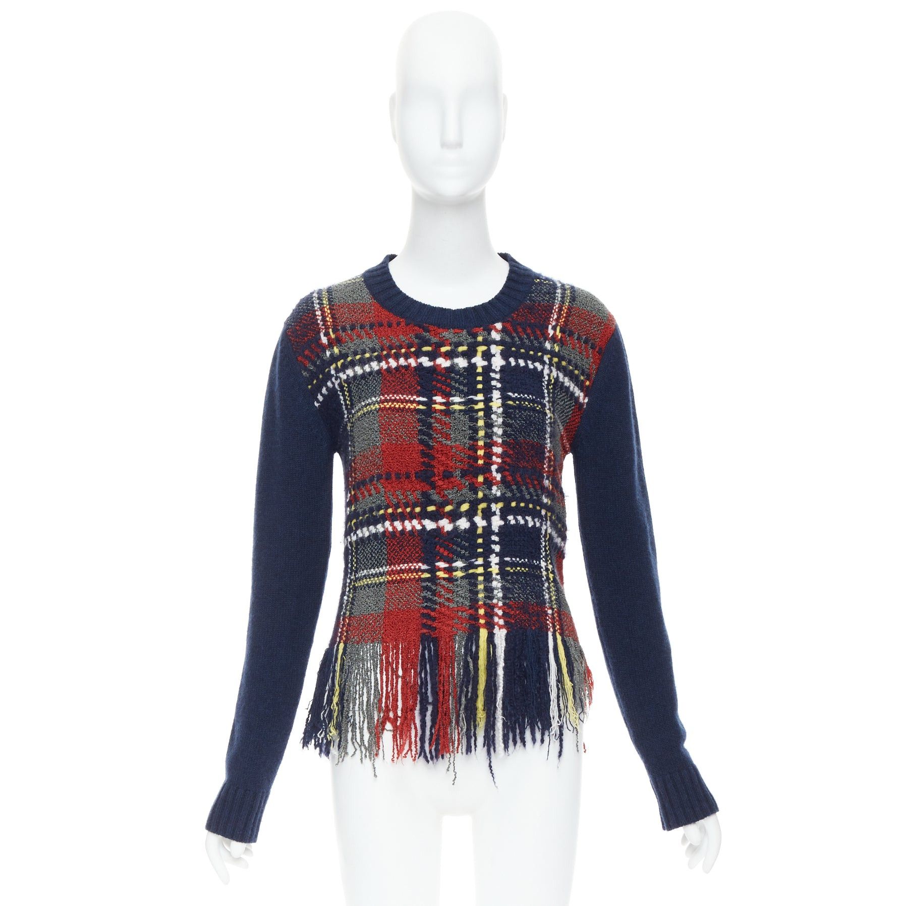 Dior DIOR navy red plaid tartan cashmere silk fringe hem sweater FR36 S Size S / US 4 / IT 40 - 9 Thumbnail