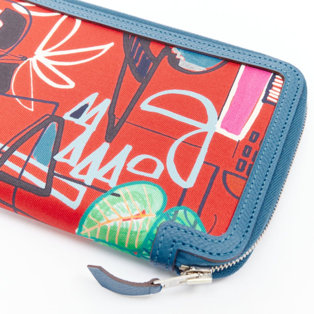Hermes HERMES Soie Cool Azap red geometric print silk blue leather zip around wallet Size ONE SIZE - 5 Thumbnail