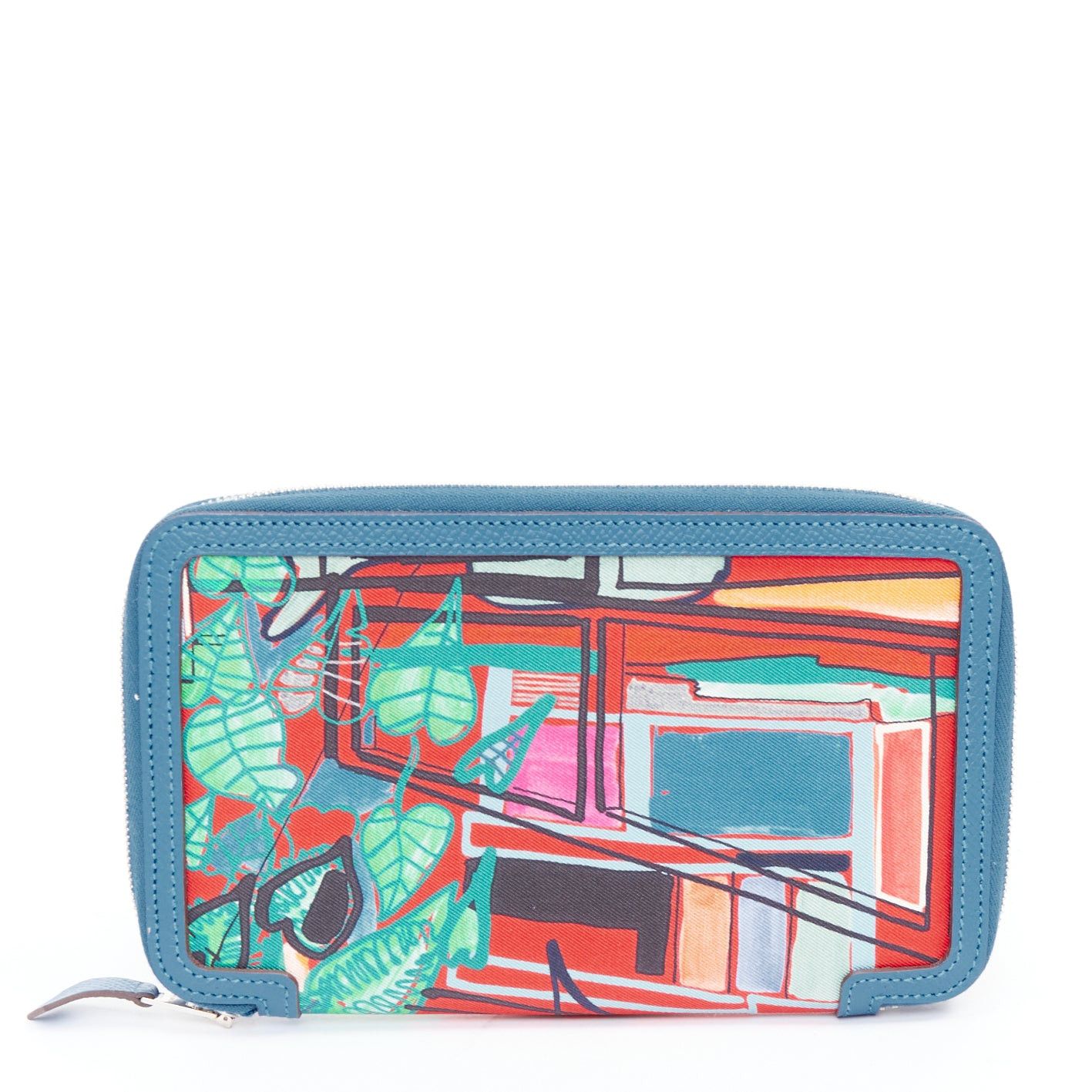 Hermes HERMES Soie Cool Azap red geometric print silk blue leather zip around wallet Size ONE SIZE - 3 Thumbnail