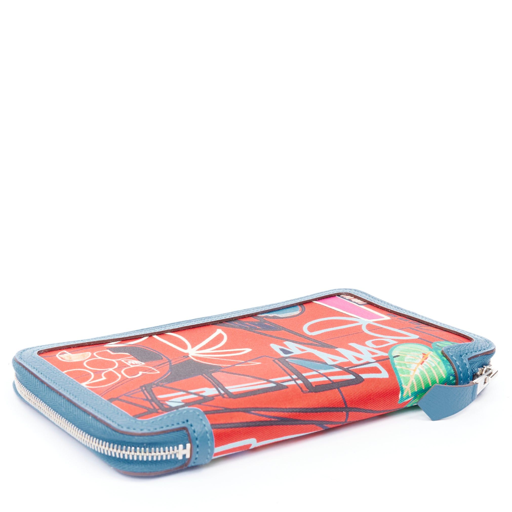 Hermes HERMES Soie Cool Azap red geometric print silk blue leather zip around wallet Size ONE SIZE - 4 Thumbnail