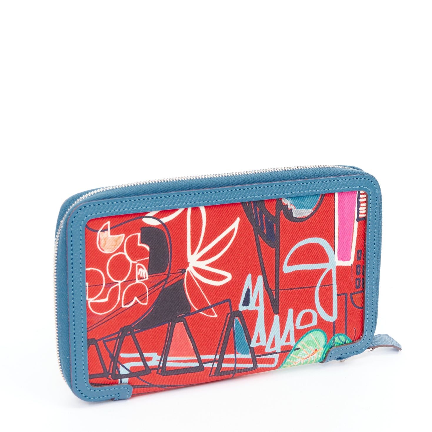 Hermes HERMES Soie Cool Azap red geometric print silk blue leather zip around wallet Size ONE SIZE - 2 Thumbnail