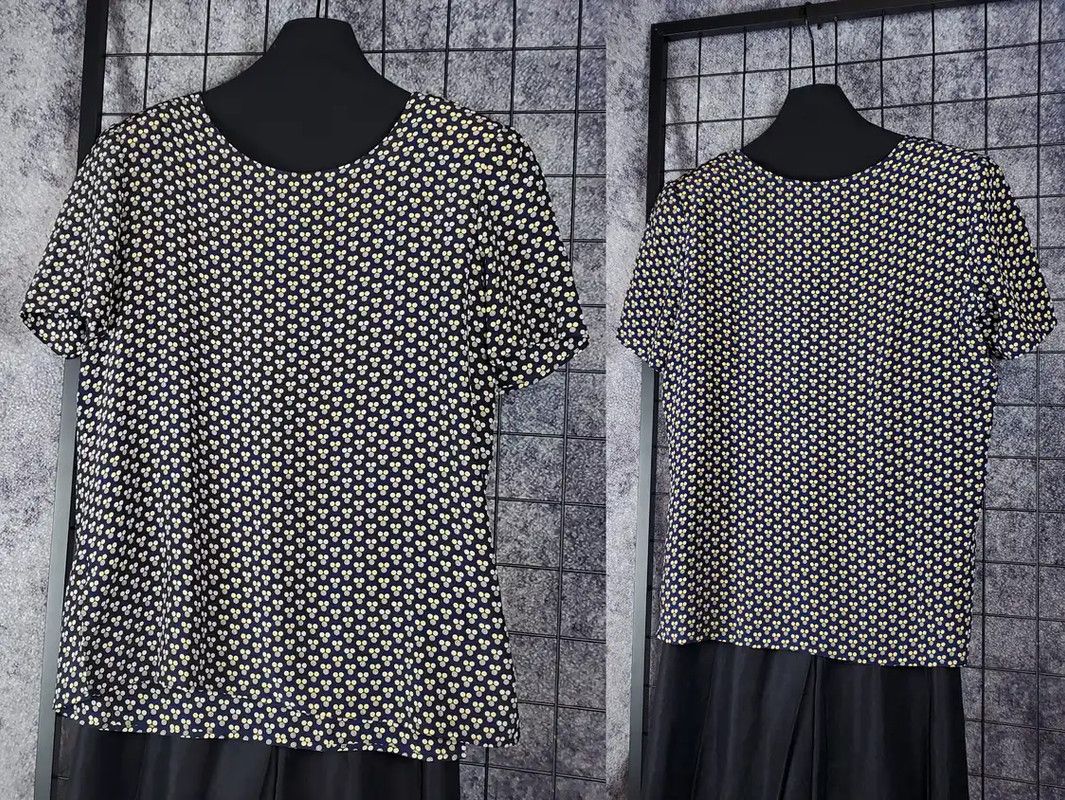 Dior Dior Navy Silk Print Short Sleeve Top 0089 Size M / US 6-8 / IT 42-44 - 3 Thumbnail