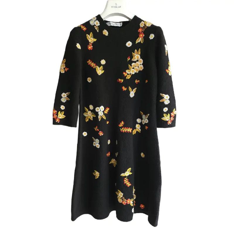 Dior Dior Black Wool Spring Dress with Floral Design 0089 Size M / US 6-8 / IT 42-44 - 2 Thumbnail